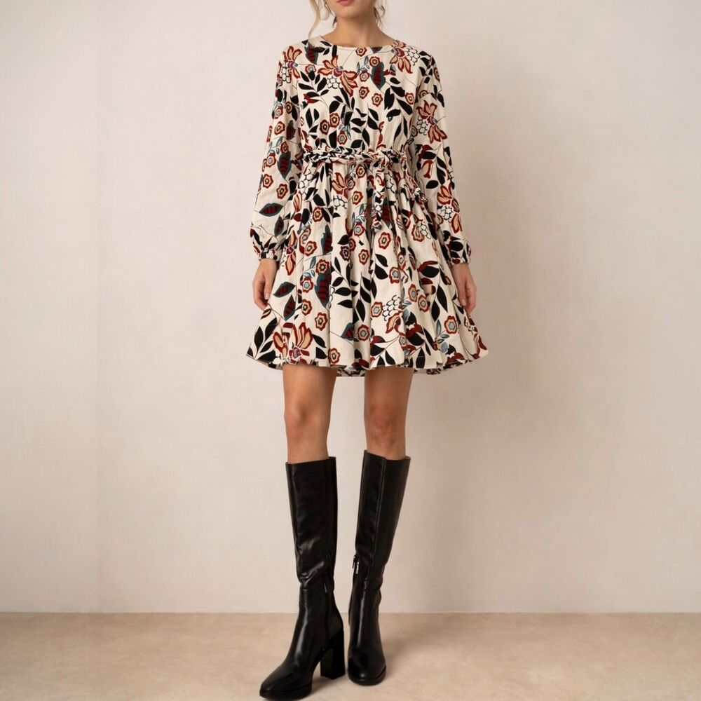 NWT Jacquie The Label Floral Long Sleeve Mini Dress Belted Boho Cotton Medium